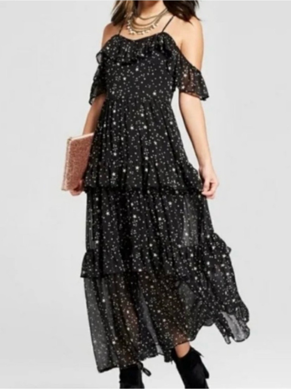 NWT Xhilaration Black Star Print Tiered Maxi Dress Whimsigoth Small